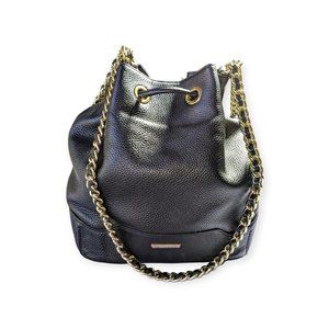 Black Pebbled Leather Drawstring Bucket Bag Chain Strap Medium Heavy Tassels